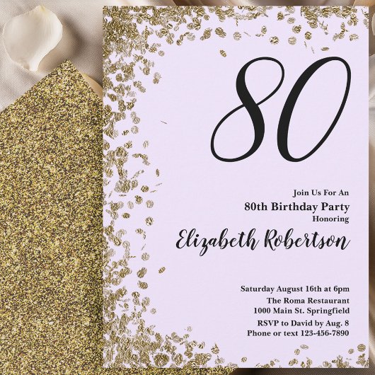Elegant 80th Birthday Invitation Gold Sequins Einladung
