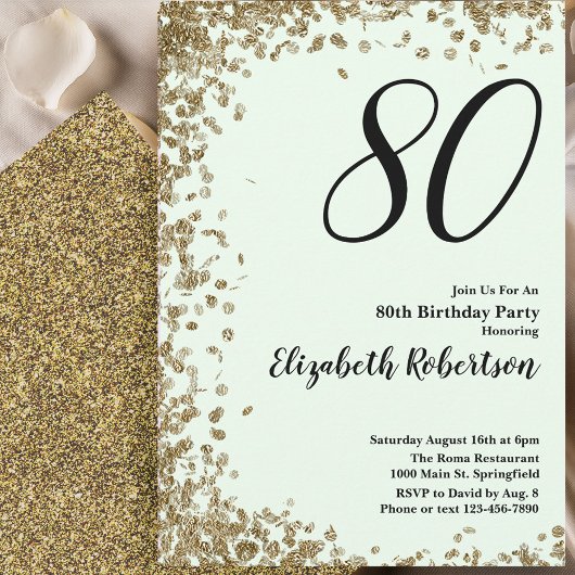 Elegant 80th Birthday Invitation Green Gold Sequin Einladung