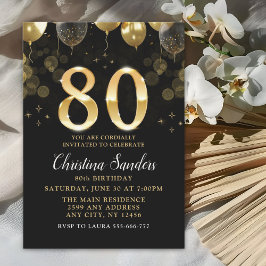 Elegant 80th Birthday Invitation with Gold Ballons Einladung