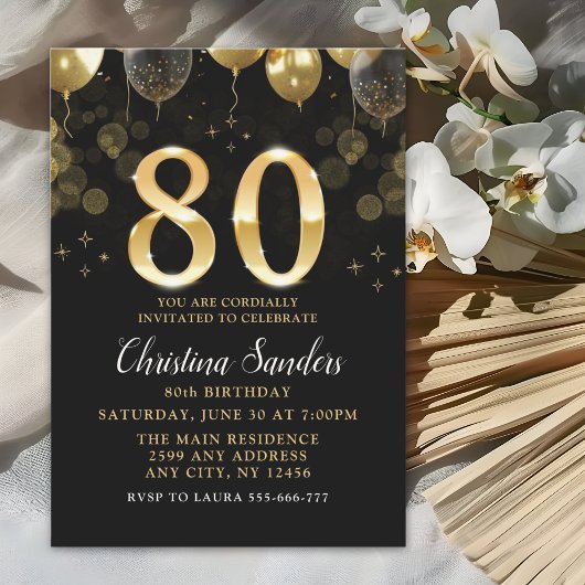 Elegant 80th Birthday Invitation with Gold Ballons Einladung
