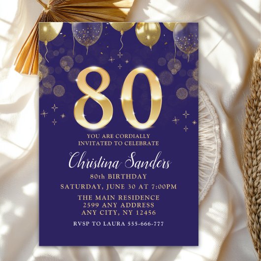 Elegant 80th Birthday Invitation with Gold Ballons Einladung