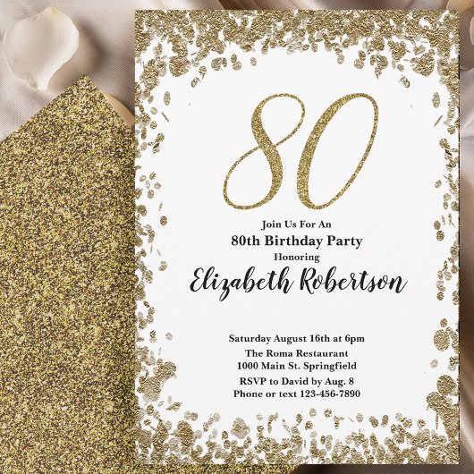 Elegant 80th Birthday Invitation With Gold Sequins Einladung