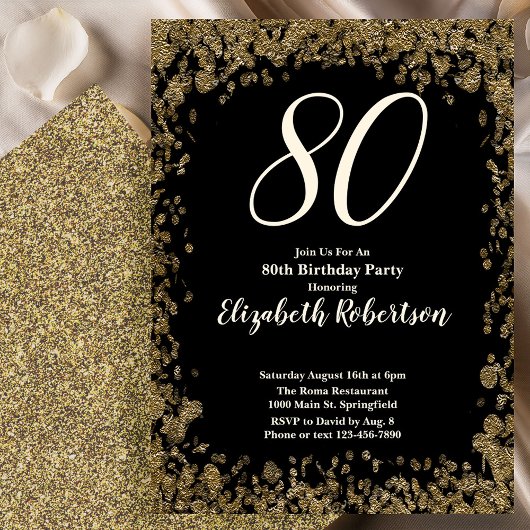 Elegant 80th Birthday Invitation With Gold Sequins Einladung
