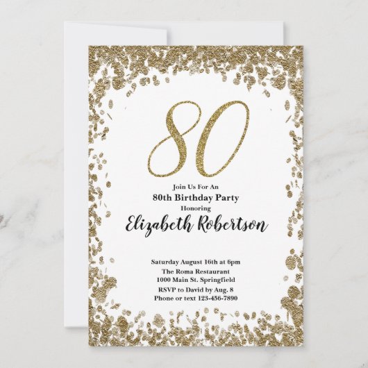 Elegant 80th Birthday Invitation With Gold Sequins Einladung (Vorderseite)
