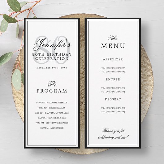 Elegant 80th Birthday Party Program + Menu  Einladung