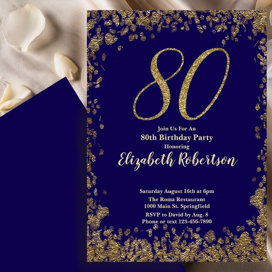 Elegant 80th Blue Birthday Invitation Gold Sequin Einladung