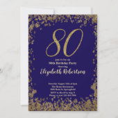 Elegant 80th Blue Birthday Invitation Gold Sequin Einladung (Vorderseite)