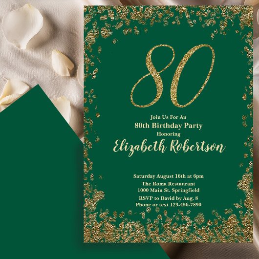 Elegant 80th Green Birthday Invitation Gold Sequin Einladung