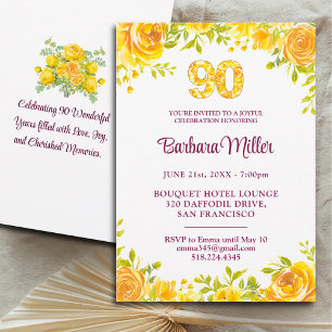 Elegant 90. Geburtstag - Gelbe Rosen 90 Jahre Einladung