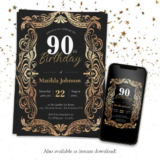Elegant 90. Geburtstag Gold Black Glamour Vintag Einladung