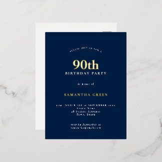 Elegant 90. Geburtstagsparty Navy Blue Folie Einladungspostkarte