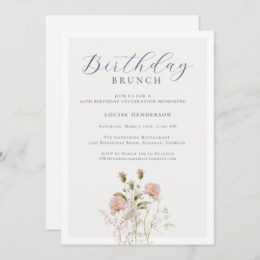 Elegant 90. Kalligraphie Wildblume Geburtstag Einladung (Vorne/Hinten)