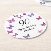 Elegant 90th Birthday Butterflies Custom Name Runder Pappuntersetzer (Angewinkelt)