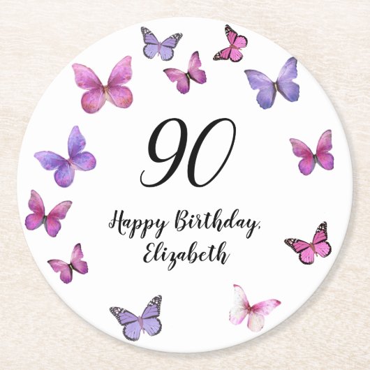 Elegant 90th Birthday Butterflies Custom Name Runder Pappuntersetzer (Vorderseite)