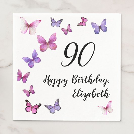 Elegant 90th Birthday Butterflies Custom Name Serviette