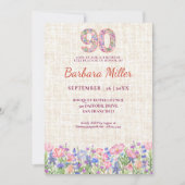 Elegant 90th Birthday for Her - Pink Flowers Einladung (Vorderseite)