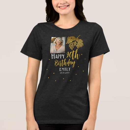 Elegant 90th Birthday Gold Foliage Photo Party Tri-Blend Shirt (Vorderseite)