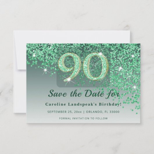 Elegant 90th Birthday Green Glitter Frosted Save The Date (Vorderseite)