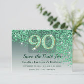 Elegant 90th Birthday Green Glitter Frosted Save The Date (Stehend Vorderseite)