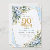 Elegant 90th Birthday Invitation Blue Floral Gold Einladung (Vorderseite)