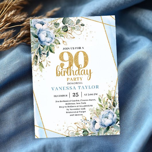 Elegant 90th Birthday Invitation Blue Floral Gold Einladung