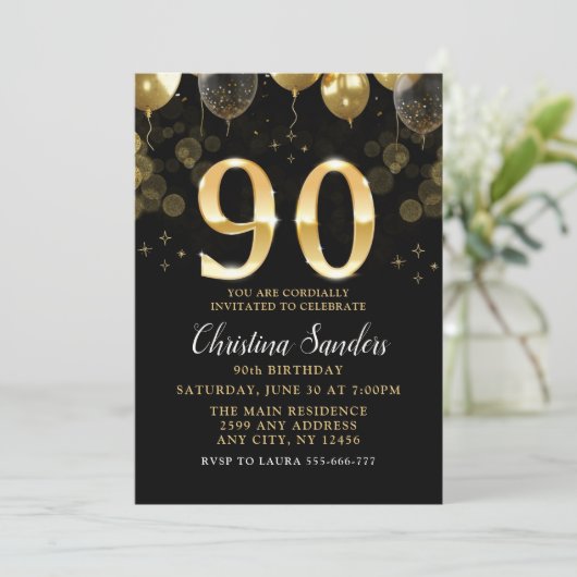 Elegant 90th Birthday Invitation with Gold Glitter Einladung (Stehend Vorderseite)