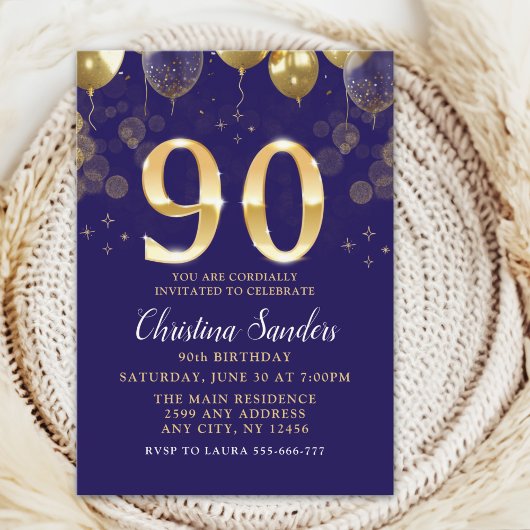 Elegant 90th Birthday Invitation with Gold Glitter Einladung