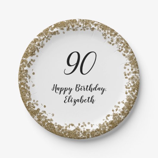 Elegant 90th Birthday Plates With Gold Sequins Pappteller (Vorderseite)