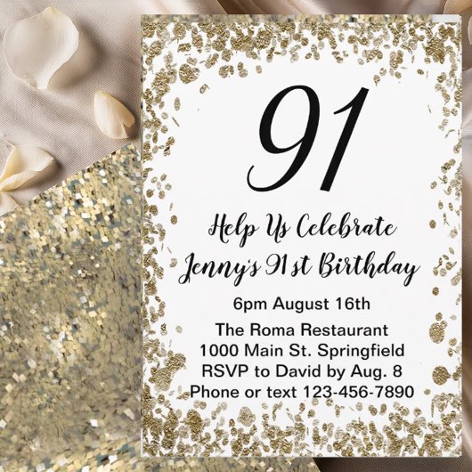 Elegant 91st Birthday Invitation For Her in Gold Einladung