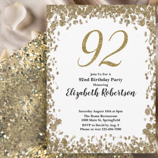 Elegant 92nd Birthday Invitation For Her in Gold Einladung