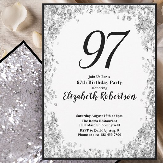 Elegant 97th Birthday Invitation Silver and Black Einladung