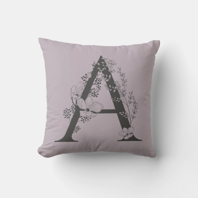 Elegant A Boho Floral Monogram Initial Lilac Gray Kissen (Vorderseite)