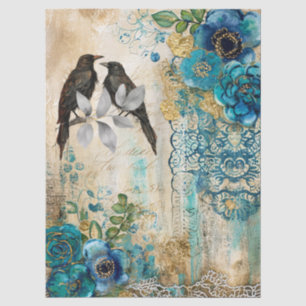 Elegant abgenutztes Teal Blau Gold Blumen & Raben Seidenpapier