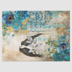 Elegant abgenutztes Tealblau Gold Blumen & Raben Seidenpapier