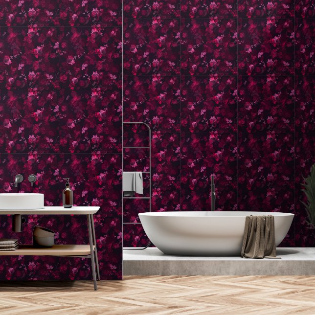 Elegant Abstrakt Dark Burgundy Floral Tapete (Badezimmer)
