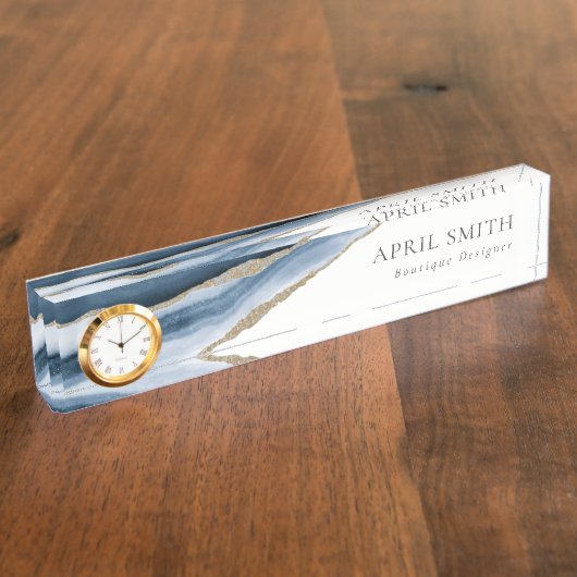 Elegant Abstrakt Navy Blue Agate Gold Wasserfarbe Namensplakette (Seite)