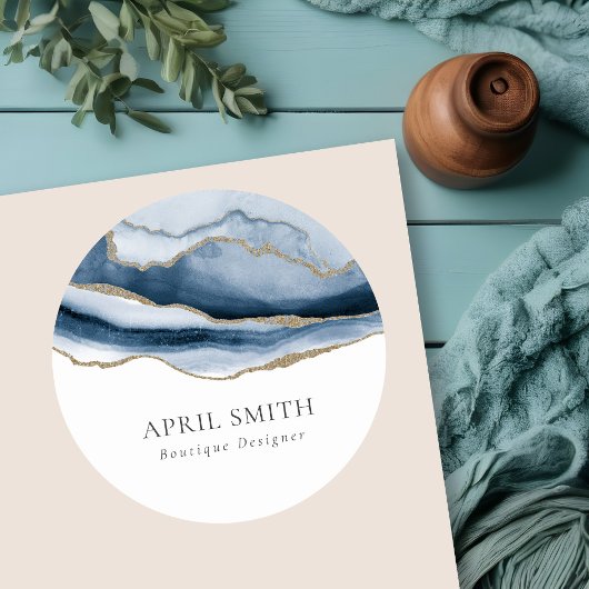 Elegant Abstrakt Navy Blue Agate Gold Wasserfarbe Runder Aufkleber