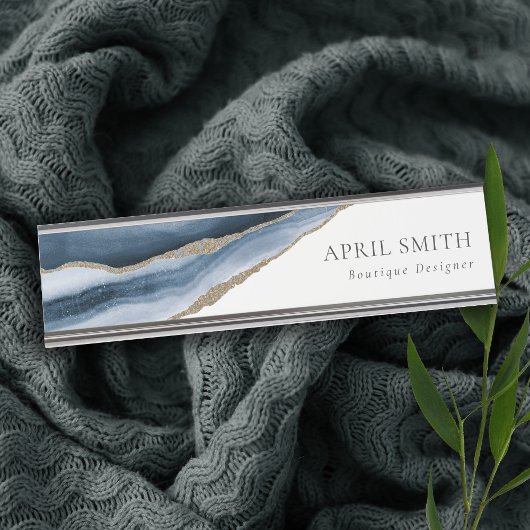 Elegant Abstrakt Navy Blue Agate Gold Wasserfarbe Schreibtischnamensplakette