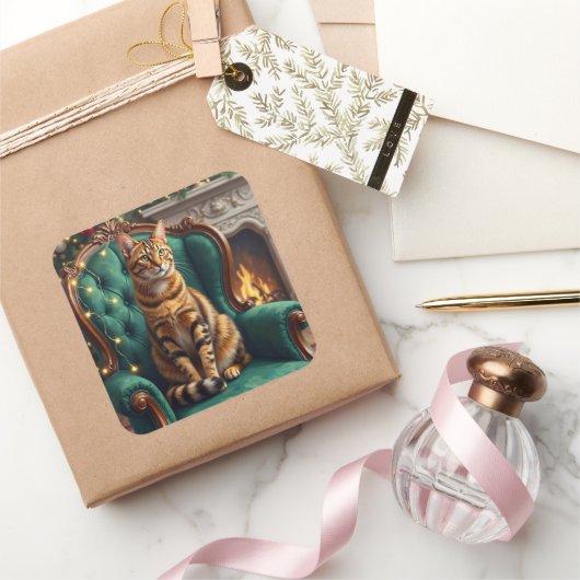 Elegant Abyssinian Cat Regal Holiday Portrait Art Quadratischer Aufkleber (Schenken)
