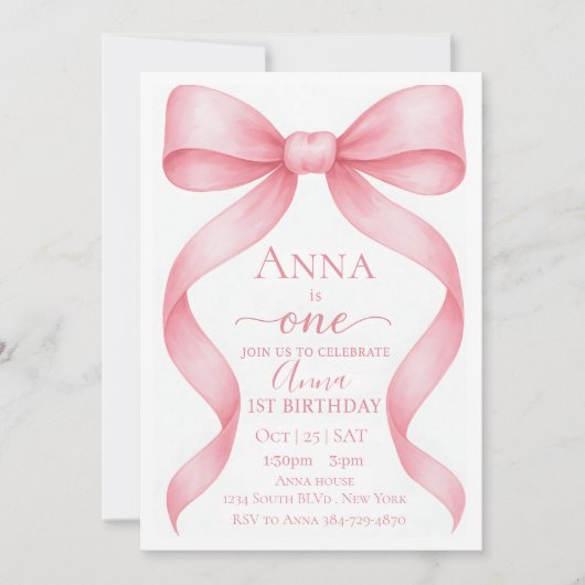 Elegant Adjustable Pink Bow First Birthday Invitat Einladung (Vorderseite)