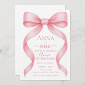 Elegant Adjustable Pink Bow First Birthday Invitat Einladung (Vorne/Hinten)