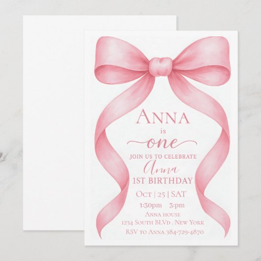 Elegant Adjustable Pink Bow First Birthday Invitat Einladung (Vorne/Hinten)