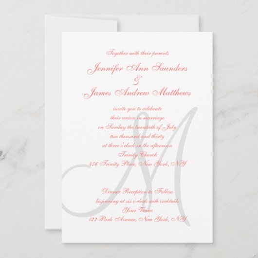 Elegant Affair Coral Gray Mit Monogramm Wedding Einladung (Rückseite)