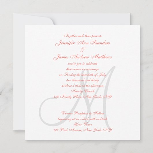 Elegant Affair Coral Gray Script Monogram Wedding Einladung (Rückseite)