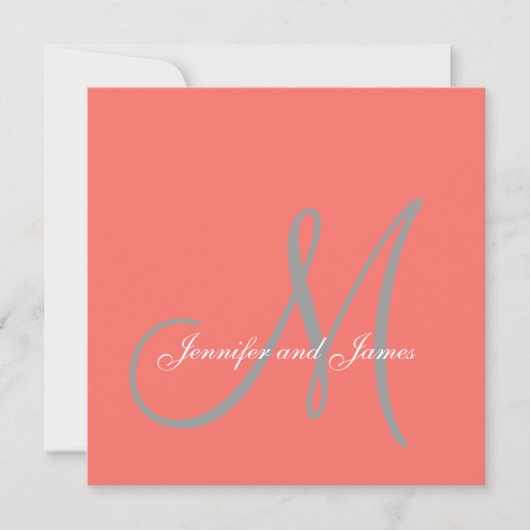 Elegant Affair Coral Gray Script Monogram Wedding Einladung (Vorderseite)