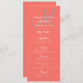 Elegant Affair Coral Gray Script Monogram Wedding Menükarte (Vorne/Hinten)