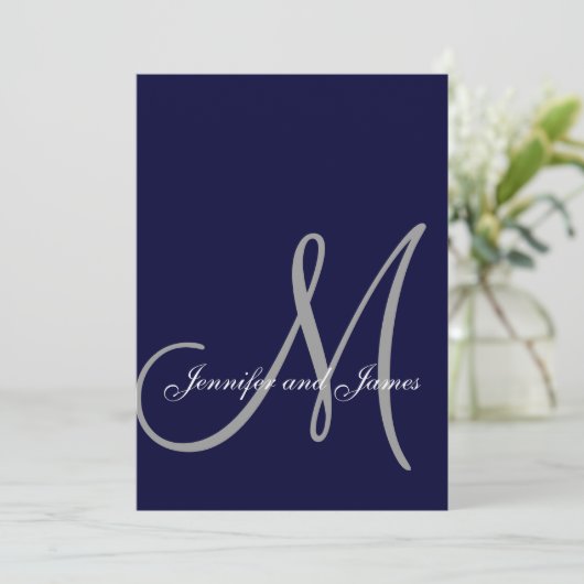 Elegant Affair Navy Blue Gray Initial Wedding Einladung (Stehend Vorderseite)
