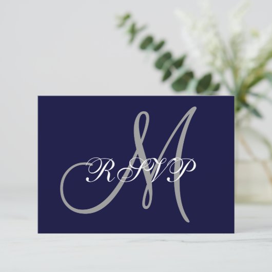 Elegant Affair Navy Blue Gray Initial Wedding RSVP (Stehend Vorderseite)