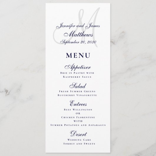Elegant Affair Navy Blue Script Monogram Wedding Menükarte (Vorderseite)