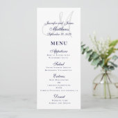 Elegant Affair Navy Blue Script Monogram Wedding Menükarte (Stehend Vorderseite)